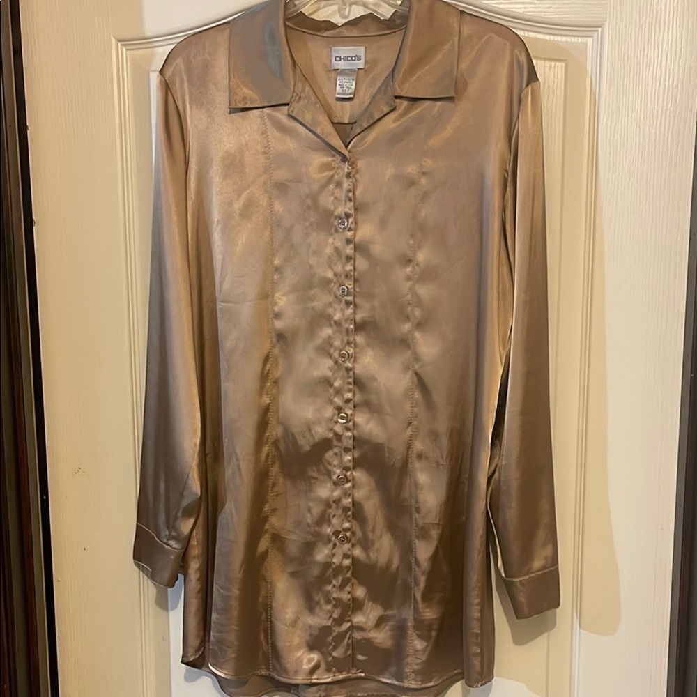 Chico's Gold Satin Button-Up Tunic Shirt